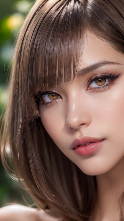 Draw a picture, (photorealistic:1.4), (hyperrealistic:1.4), (realistic:1.3), (smoother tropical sunset lighting:1.05), (increase Fujicolor quality:0.9), (absurd: 1.3), (best quality), (ultra sharp), RAW photo of (phenomenal model, 24 years old), (ultra detailed, ultra realistic, hyper realistic, 8K, ultra highres:1.2), realistic lighting, backlighting, light on face, ray trace, (brightening light:1.2), (Increase quality:1.4), (best quality real texture skin:1.4), finely detailed eyes, finely detailed face, finely quality eyes, (Brown) [sparkling eyes], [long eyelashes], Double eyelids, (looking at viewer), slim, well-muscled body, medium ass, very detailed hair, (( (light) brown short ((side bangs)), extremely detailed)), (Increase skin texture beauty:1.1), (light makeup, [pink lipstick], eyeliner:1.2)