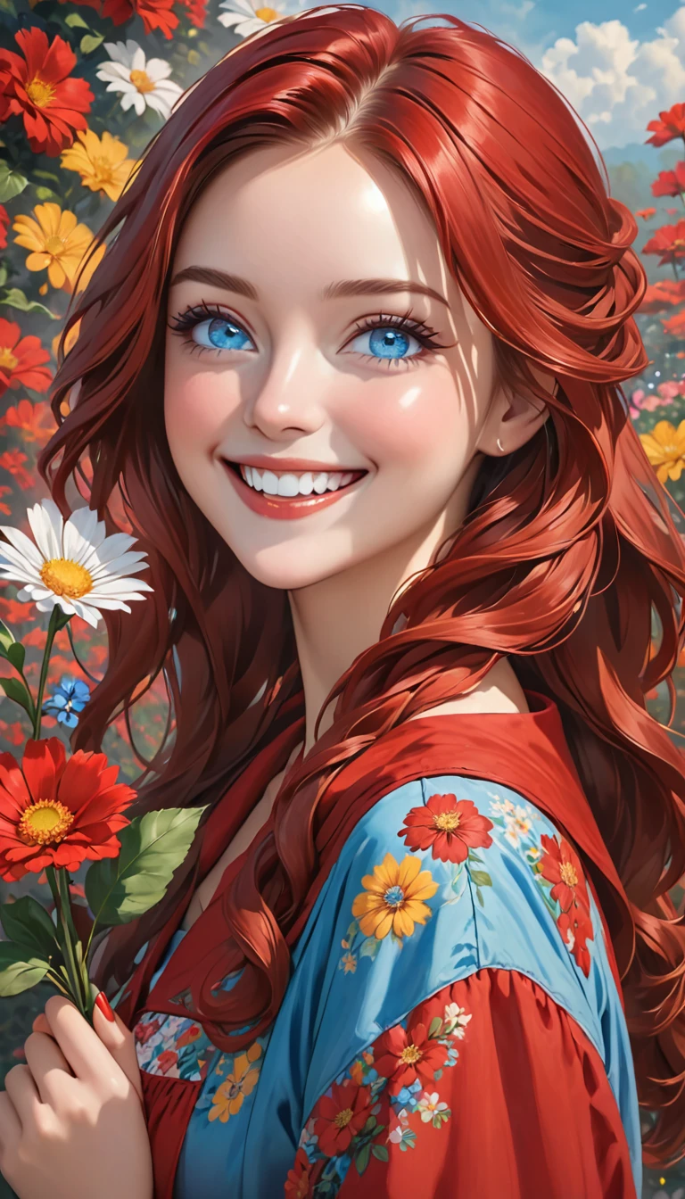 woman in a red smock holding a flower in her teeth and to hold it, she's smiling, 1girl, solo, long hair, flower, realistic, red hair, looking at viewer, nail polish, blue eyes,