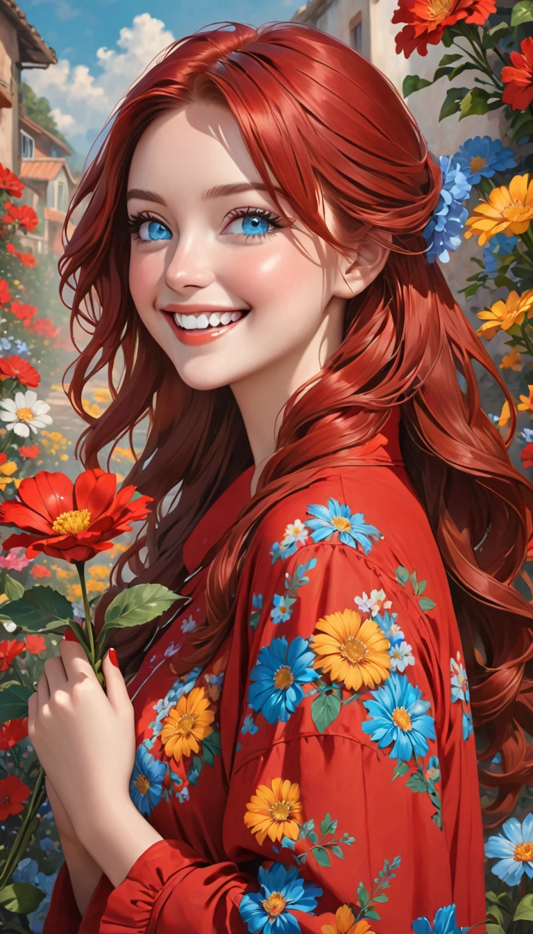 woman in a red smock holding a flower in her teeth and to hold it, she's smiling, 1girl, solo, long hair, flower, realistic, red hair, looking at viewer, nail polish, blue eyes,