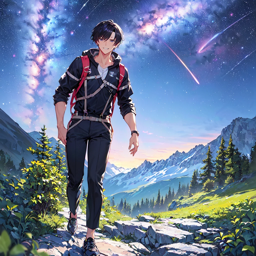 masterpiece,best quality,high quality,(1 male austere handsome solo adult age 30:1.5), purple eyes, cool with suspended eyes, V-shaped eyebrows, body strong and fearless 8.5 head tall, height 185cm,(well-groomed black short hair down to neck:1.4),(bangs in three (hair parted in three parts: 1.4), slender nose, facial muscles, throat, (summer mountaineering outfit and pants: 1.3), (walking), (stylish pose), (cool smile: 1.3), (background summer mountain forest: 1.3) , (Milky Way Night Sky: 1.3)