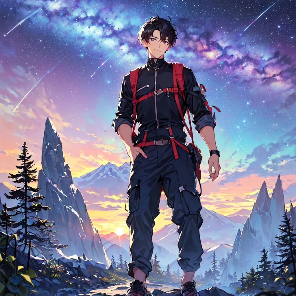 masterpiece,best quality,high quality,(1 male austere handsome solo adult age 30:1.5), purple eyes, cool with suspended eyes, V-shaped eyebrows, body strong and fearless 8.5 head tall, height 185cm,(well-groomed black short hair down to neck:1.4),(bangs in three (hair parted in three parts: 1.4), slender nose, facial muscles, throat, (summer mountaineering outfit and pants: 1.3), (walking), (stylish pose), (cool smile: 1.3), (background summer mountain forest: 1.3) , (Milky Way Night Sky: 1.3)