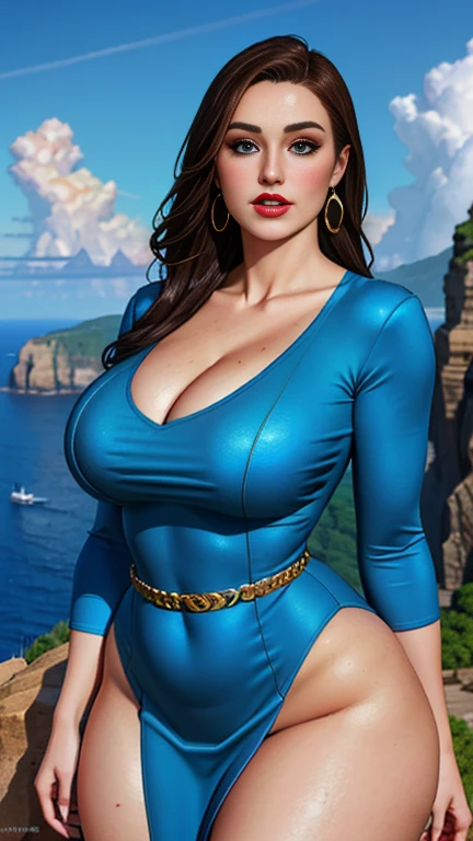 masterpiece, best quality, high quality, (perfect lighting), (photorealistic), perfect anatomy, perfect face, perfect eyes, bulmadbzreddress, aquamarine hair, medium hair, blue eyes, earrings, red dress, blue sky, clouds, on a cliff looking at a city, (BishoujoMom: 1.5), very tight red dress, huge breasts, cleavage, ((thick thighs, hourglass figure)), thick lips, red lips, cyan eyes, realistic, realism, photorealism, high contrast, photorealistic digital art,8k HD, detailed, textures, hyper detailed, ultra high resolution, raw photo, rich colors, hyper-realistic, hard lighting, unreal Engine, tiny waist small waist little waist thin waist narrow waist cinched waist wasp waist.