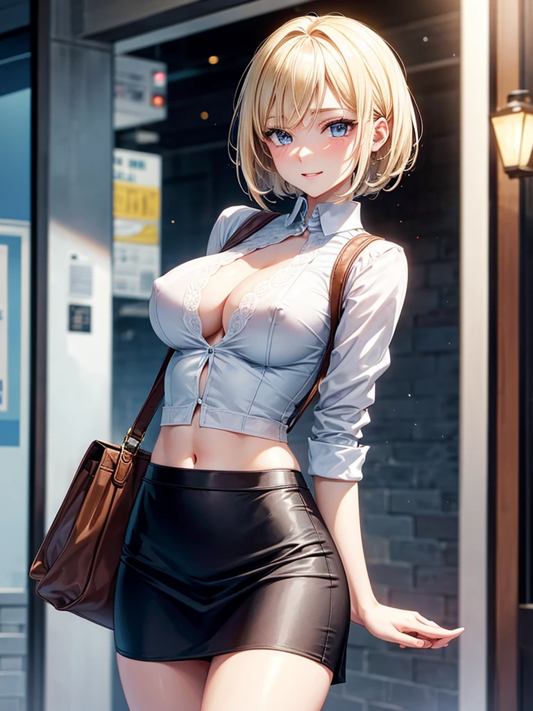 Anime style, super fine illustration, highly detailed, beautiful detailed, pale tone image, static representation, gentle expression, 8k, pretty 1girl with blonde straight short hair & blue eyes & a bright smile & full bust & nipples & soft fair skin is wearing big white business shart not to show her skin & black tight skirt & 1business bag, on the business building street, in the morning, brilliant particles of lights, romantic stories, solo, perfect 5fingers, perfect arms, perfect legs, masterpiece.