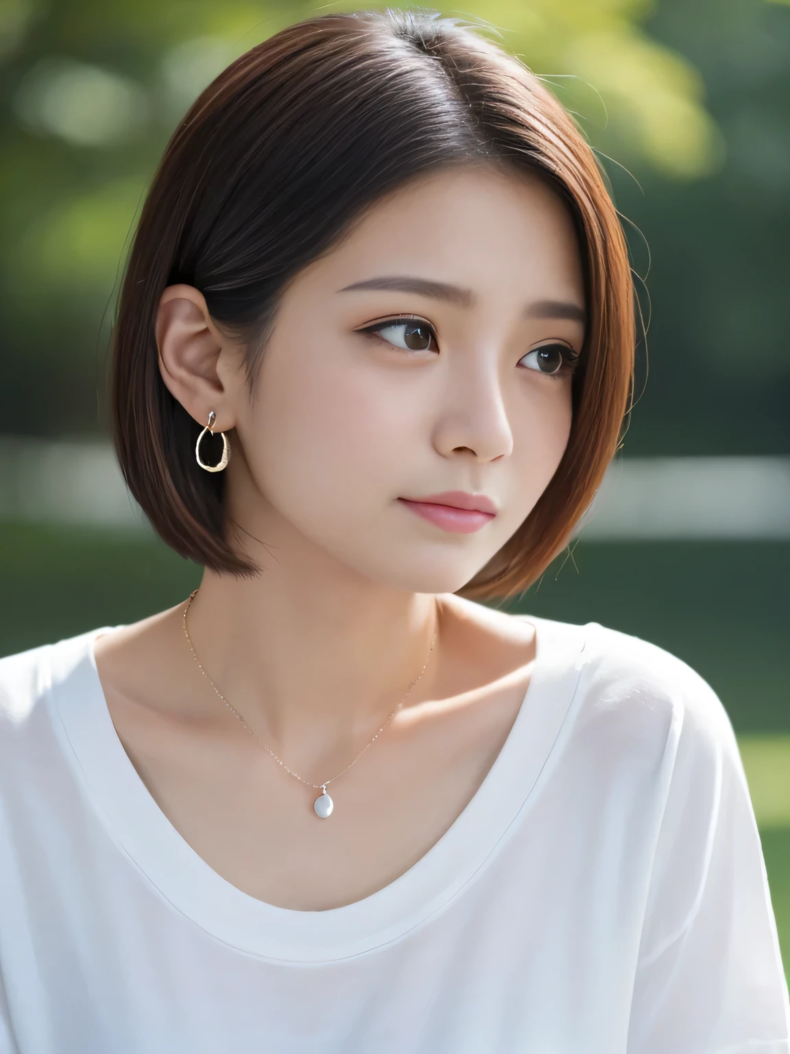 (Are you crying?:1.4)、Are crying、Are crying、(Tears run down my cheeks:1.2)、tears、tears、Japanese women、28 years old、Facing the camera、looking at the camera、short hair、hair slicked back、Very beautiful face、Light brown hair、Teardrop-shaped earrings、Simple and elegant necklace、masterpiece、Highest quality、8k、Sharp focus、Blurred Background、The background is a park、Wide crew neck T-shirt、Beautiful collarbone、