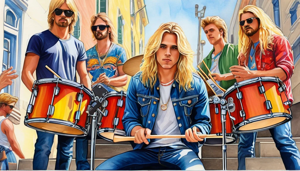 colorful sketch of a drummer of a pop group. He has elongated blonde hair and expressive eyes, dressed in jeans. In front and next to the percussion instruments are the musicians and singers of the pop group. The group plays music on the steps of a city. Hyperrealistic and hyperdetailed elements, impressionistic, masterpiece, paint splash and ink splash techniques. 32K watercolor, digital art, UHDR