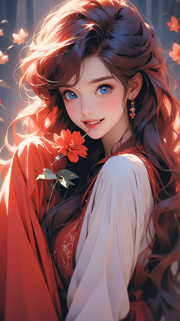 woman in a red smock holding a flower in her teeth and to hold it, she's smiling, 1girl, solo, long hair, flower, realistic, red hair, looking at viewer, nail polish, blue eyes,