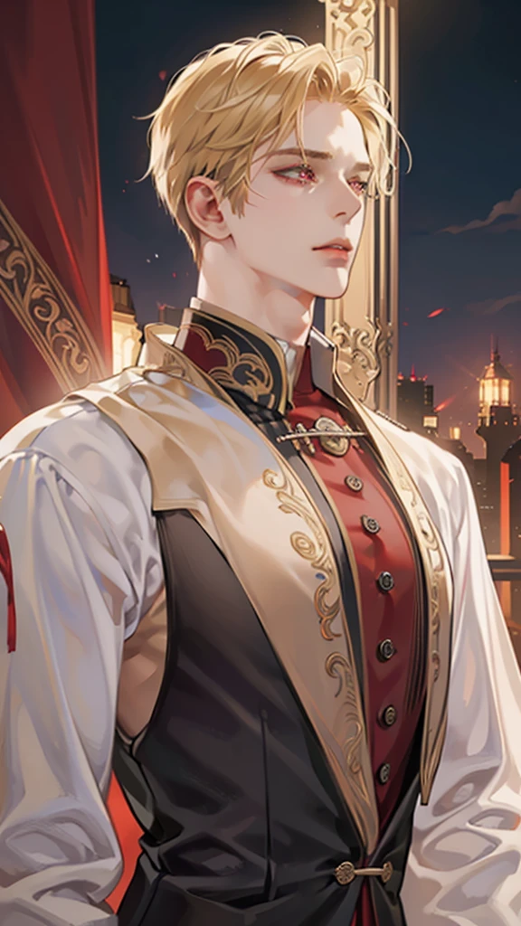 a handsome blond man with striking red eyes, beautiful detailed eyes, beautiful detailed lips, extremely detailed face, longeyelashes, muscular build, confident pose, dramatic lighting, cinematic composition, digital painting, vibrant colors, dramatic lighting, photorealistic, 4k, high quality, masterpiece
