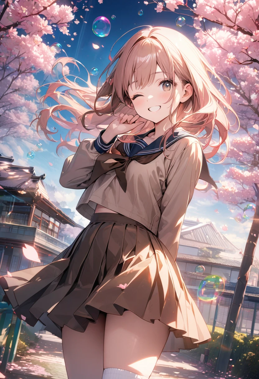 1 girl,(8k,amazing quality, aesthetic),super high resolution,sailor suit,brown collar(brown:1.5), light brown shirt,long sleeve,brown pleated skirt,brown ribbon tie,white knee-high socks,Gradient eyes,one eye closed,smile,floating hair,pink hair,long hair,Looking back at the viewer,Schoolyard,(cherry blossom tree,petals:1.3),(bubbles:1.3),(iridescent light:1.4),amazing quality,top quality, highly detailed illustration