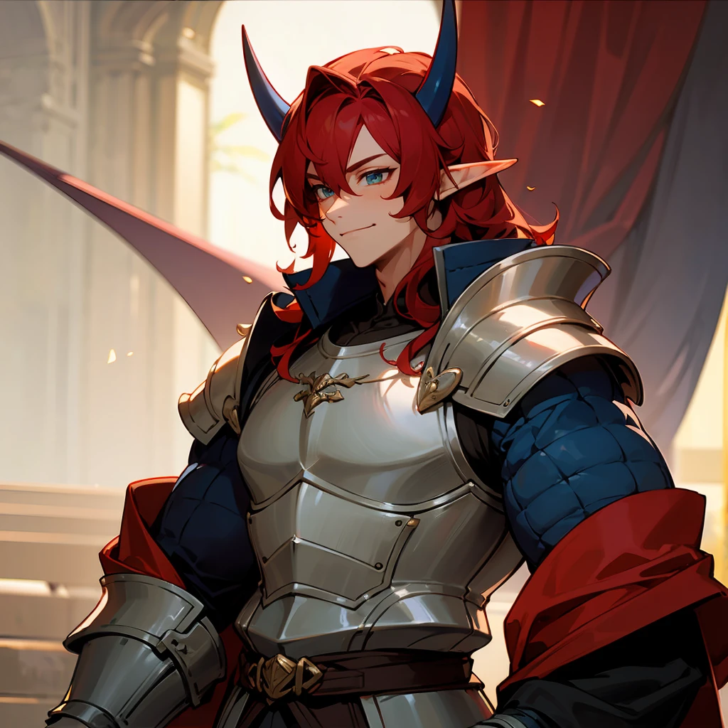 1male , Wavy Wild Crimson Red Hair , Blue Horns , Elf Ears , Adult Male , Muscular , Happy Expression , Casual Clothing , Armored Clothing , Armored Sleeve , Medieval Clothing , Perfect Generation , Lean Muscular