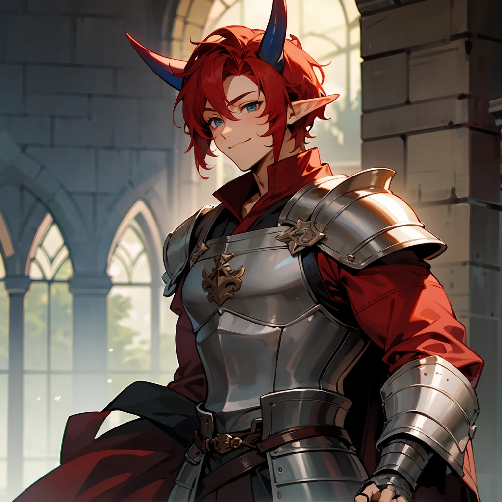 1male , Wavy Wild Crimson Red Hair , Blue Horns , Elf Ears , Adult Male , Muscular , Happy Expression , Casual Clothing , Armored Clothing , Armored Sleeve , Medieval Clothing , Perfect Generation , Lean Muscular