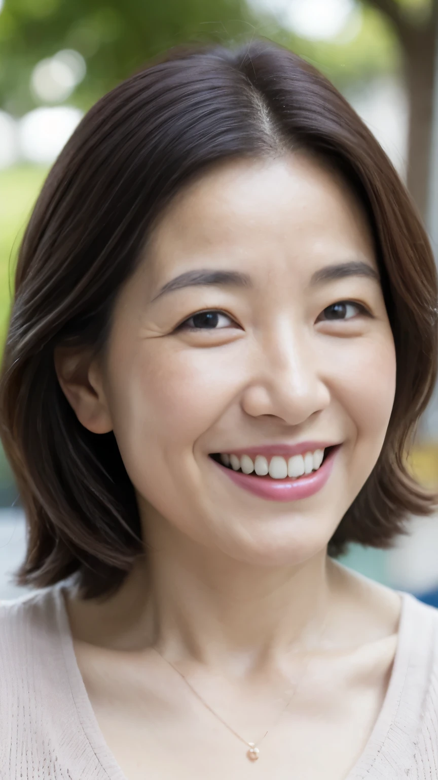 最high quality, In 8K, Masseter region, Real, Sharp focus, high quality, High resolution, Detailed face, Detailed eyes, Thick lips, (Look at the viewers), alone, Middle-aged women, , 60 years old, , Wavy Hair, Cleavage, Wearing a plain short-sleeved knit, Afternoon in front of the park garden, Wrinkles around the eyes, Smiling with teeth showing