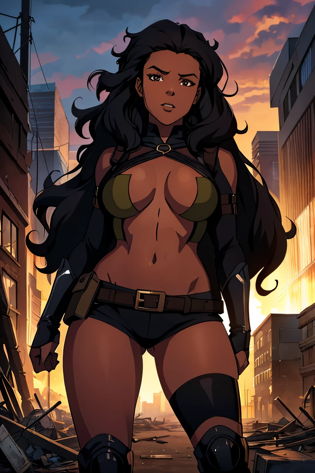 A 20 year old woman, black hair, brown eyes, dark skin, black woman, long curly hair, cute appearance, in a destroyed apocalyptic city, perfect face, masterpiece, anime style drawing, appearing to be crazy