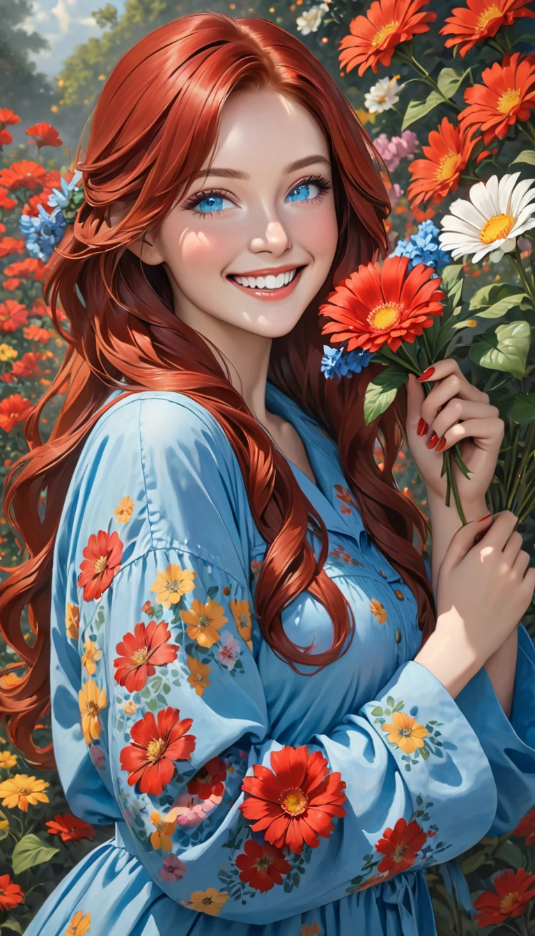 woman in a blue smock holding a flower in her teeth and to hold it, she's smiling, 1girl, solo, long hair, flower, realistic, red hair, looking at viewer, nail polish,blue eyes,