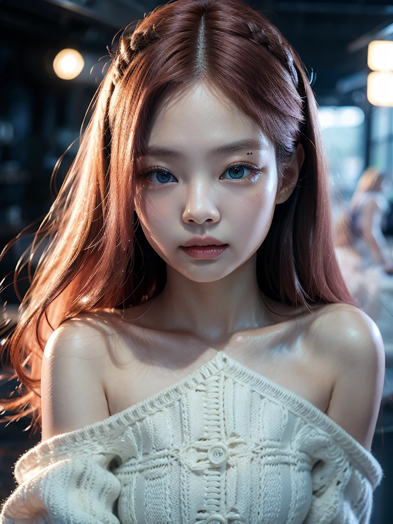 Brazilian, 20 year, role model, pink hair and blue eyes, jennie kim face.