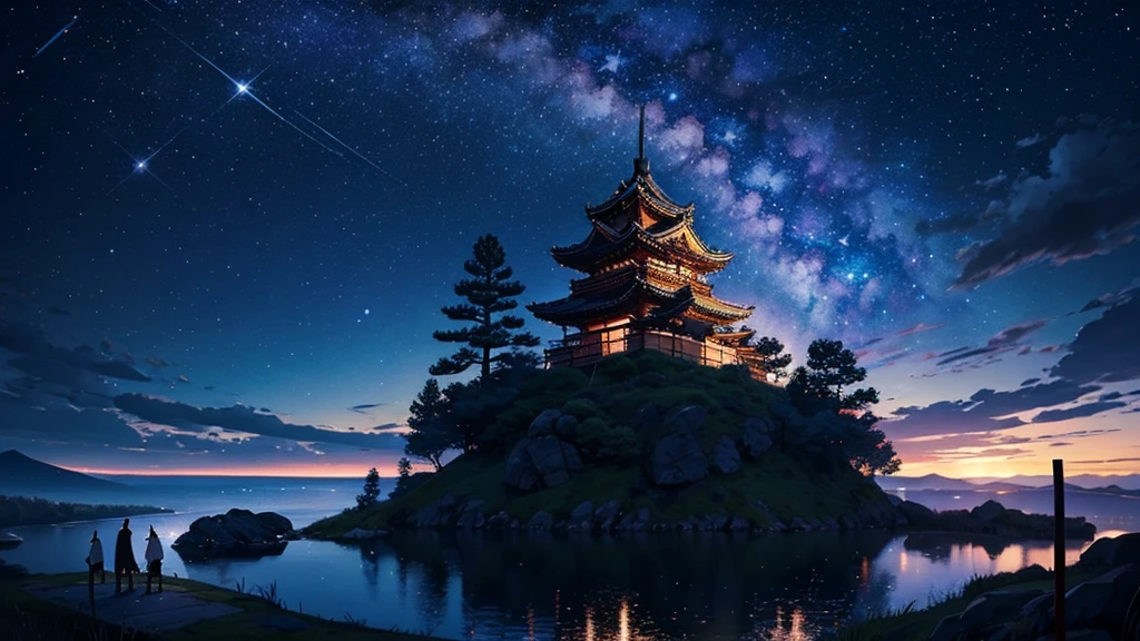Create a scene with a starry night background in the center of the Samurai fighting with swords from medieval times Ancient Japan, the two samurai will wear white kimonos and next to the landscape there will be trees