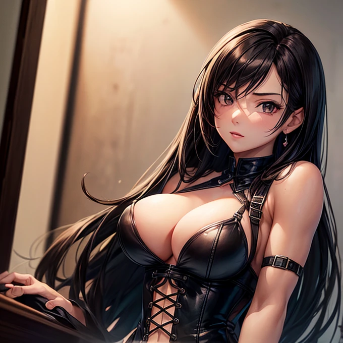 (Highest quality, masterpiece: 1.1), (Faithfulness: 1.4), 1 girl, Upper Body, Long Hair, 5 star hotels, Black corset, Dirty clothes, panties Tifa Lockhart