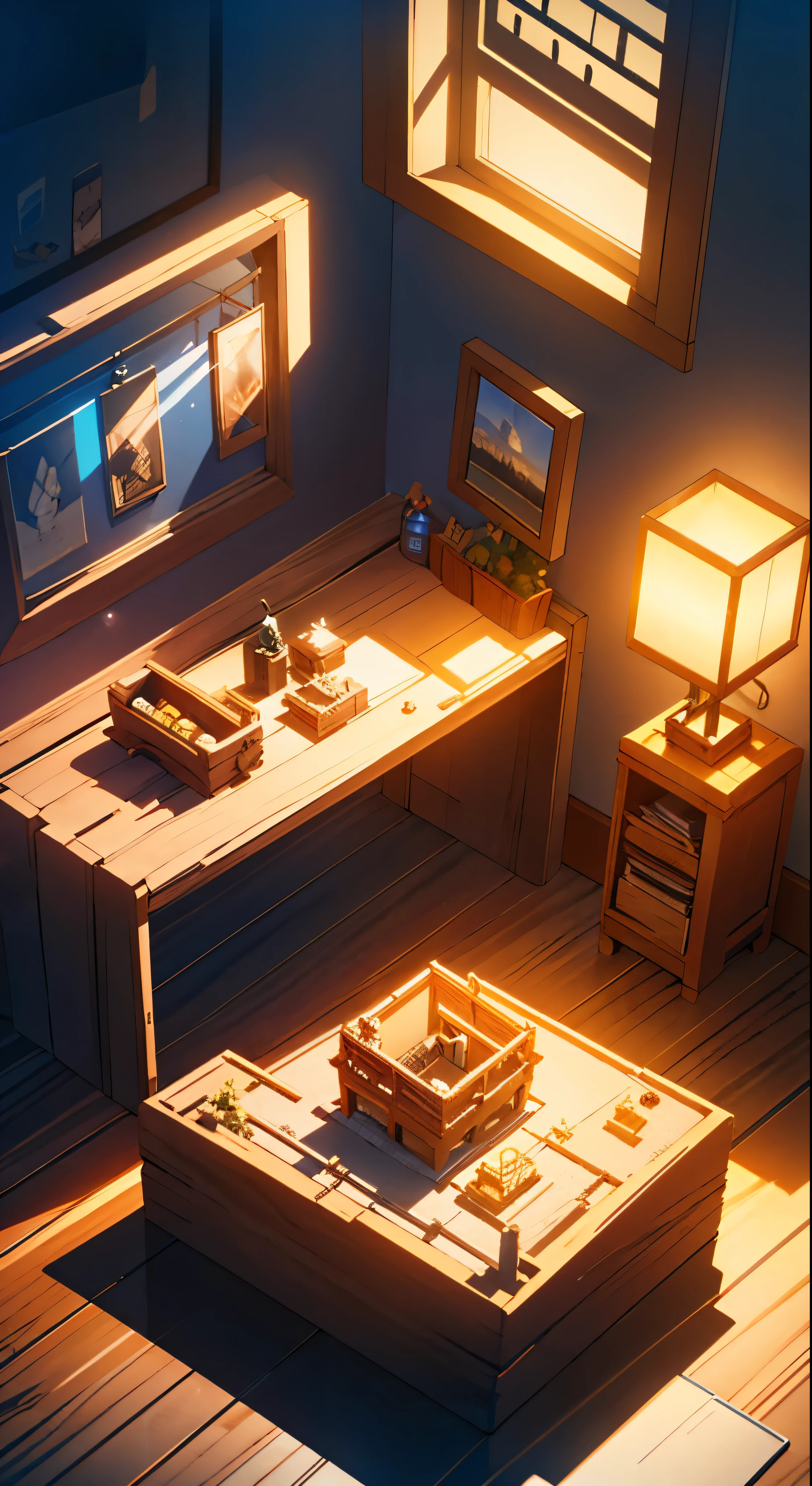 （Pixar style),A model of a cozy small room, miniature figure model, light source from right to left, Rumbrandt lighting, light source from right to left, (isometric view), (top-down), realistic scale, post-processing, ((orthogonal perspective)), super detail, realistic, super realistic, realistic render, rainbow color, glitter