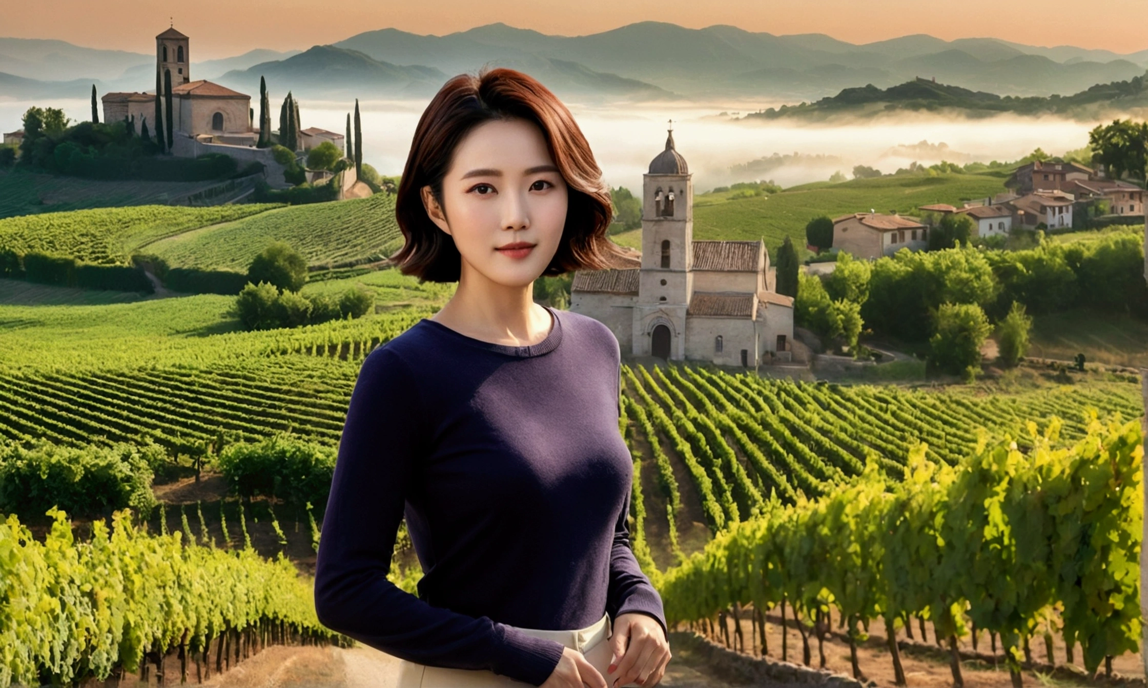 Wearing a luxury brand long-sleeved knit, 40 year old Korean woman with short medium hair, short and petite, very beautiful.!, Get inspired by Son Ye-jin, 8K vertical rendering, photo realistic beautiful face, big eyes,double eyelid, black eye, Wear a dark round neck t-shirt. beige jean pants. Warm light in vineyards at dawn in rural Italy, The morning sun shines beautifully. Standing on a curved path. (digital painting, HDR, high contrast),, (best quality:1.4, 8k 3D, 45,000,000,000,pixel,),(masterpiece:1.3),(sharp focus:1.2),(Full body shot with Canon camera 16-35 wide angle lens, 포도 밭이 내려다 보이는 언덕 위 Standing on a curved path, 32 inches, A woman of and short stature, A cathedral can be seen in the distance through thick fog., Vineyards with vivid image quality, three dimensional grape leaves, Grape leaves look vivid and clear., Smiley