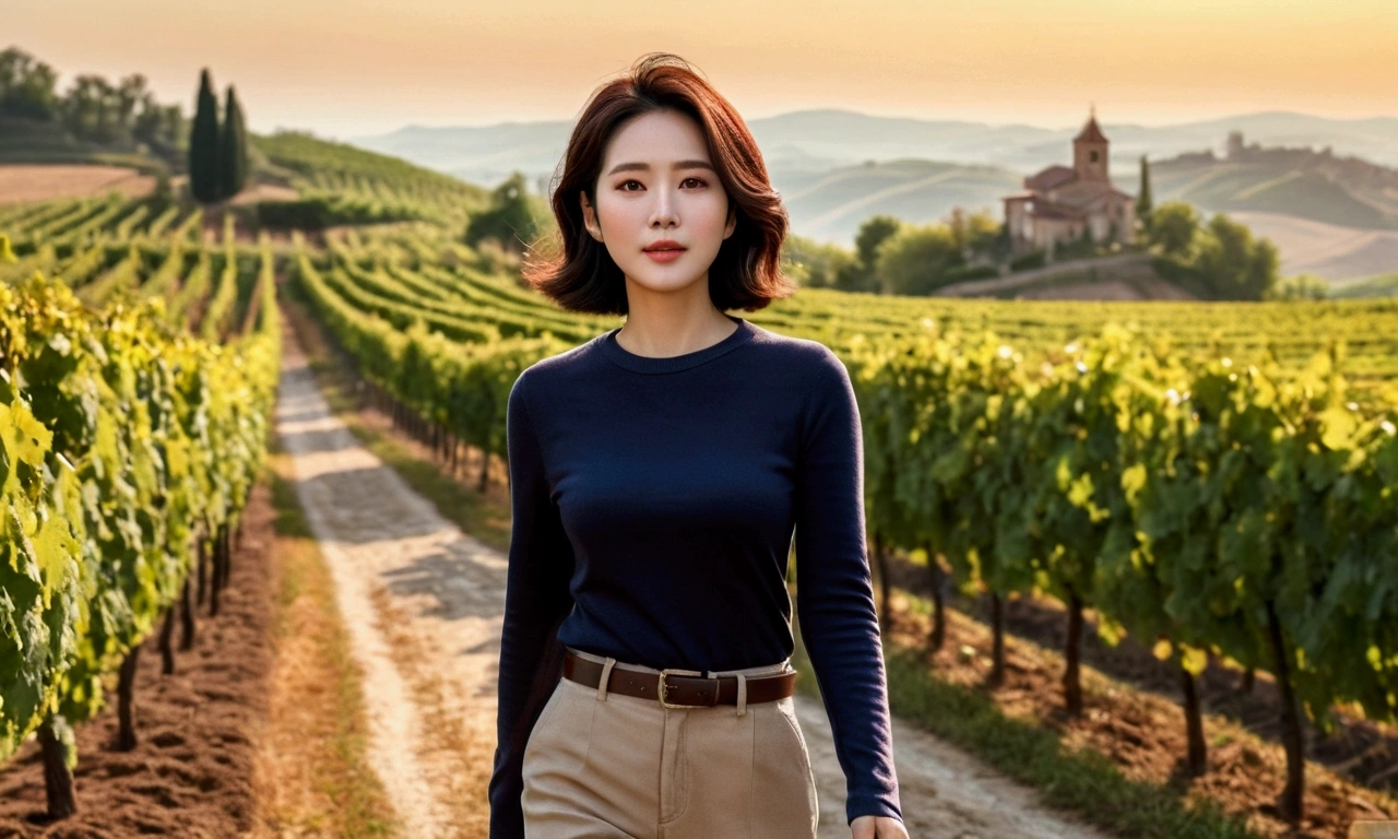 Wearing a luxury brand long-sleeved knit, 40 year old Korean woman with short medium hair, short and petite, very beautiful.!, Get inspired by Son Ye-jin, 8K vertical rendering, photo realistic beautiful face, big eyes,double eyelid, black eye, Wear a dark round neck t-shirt. beige jean pants. Warm light in vineyards at dawn in rural Italy, The morning sun shines beautifully. Standing on a curved path. (digital painting, HDR, high contrast),, (best quality:1.4, 8k 3D, 45,000,000,000,pixel,),(masterpiece:1.3),(sharp focus:1.2),(Full body shot with Canon camera 16-35 wide angle lens, 포도 밭이 내려다 보이는 언덕 위 Standing on a curved path, 32 inches, A woman of  and short stature, A cathedral can be seen in the distance through thick fog., Vineyards with vivid image quality, three dimensional grape leaves, Grape leaves look vivid and clear., Smiley