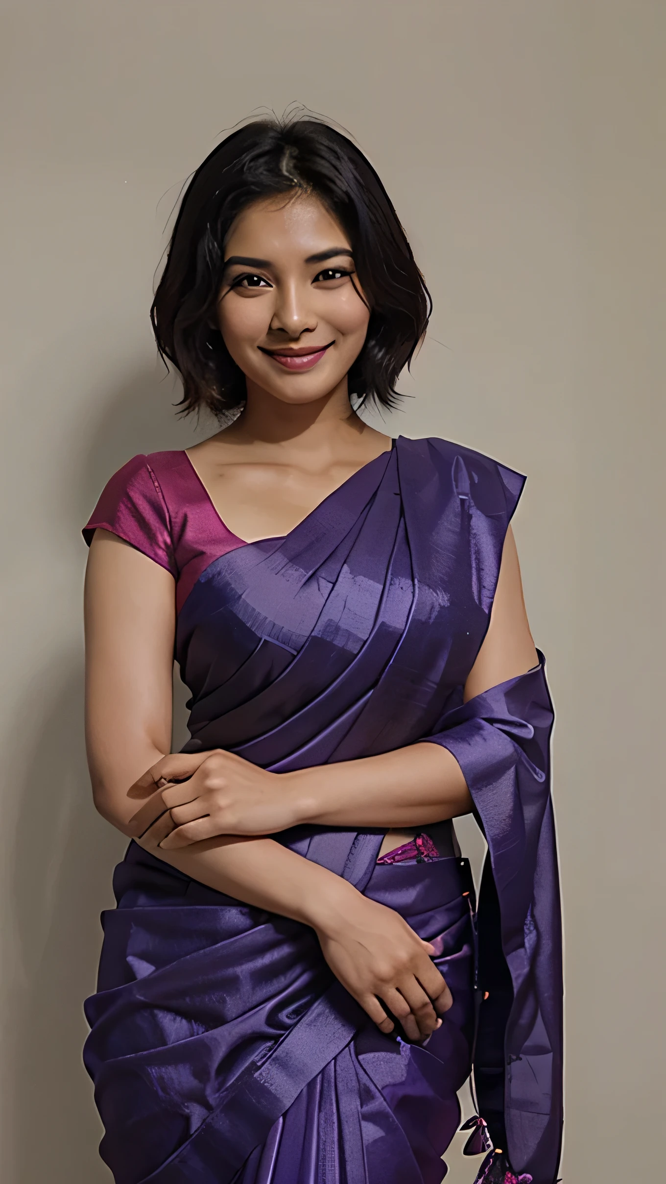 32 years old Asian women in purple saree smiling looking and standing straight facing the camera