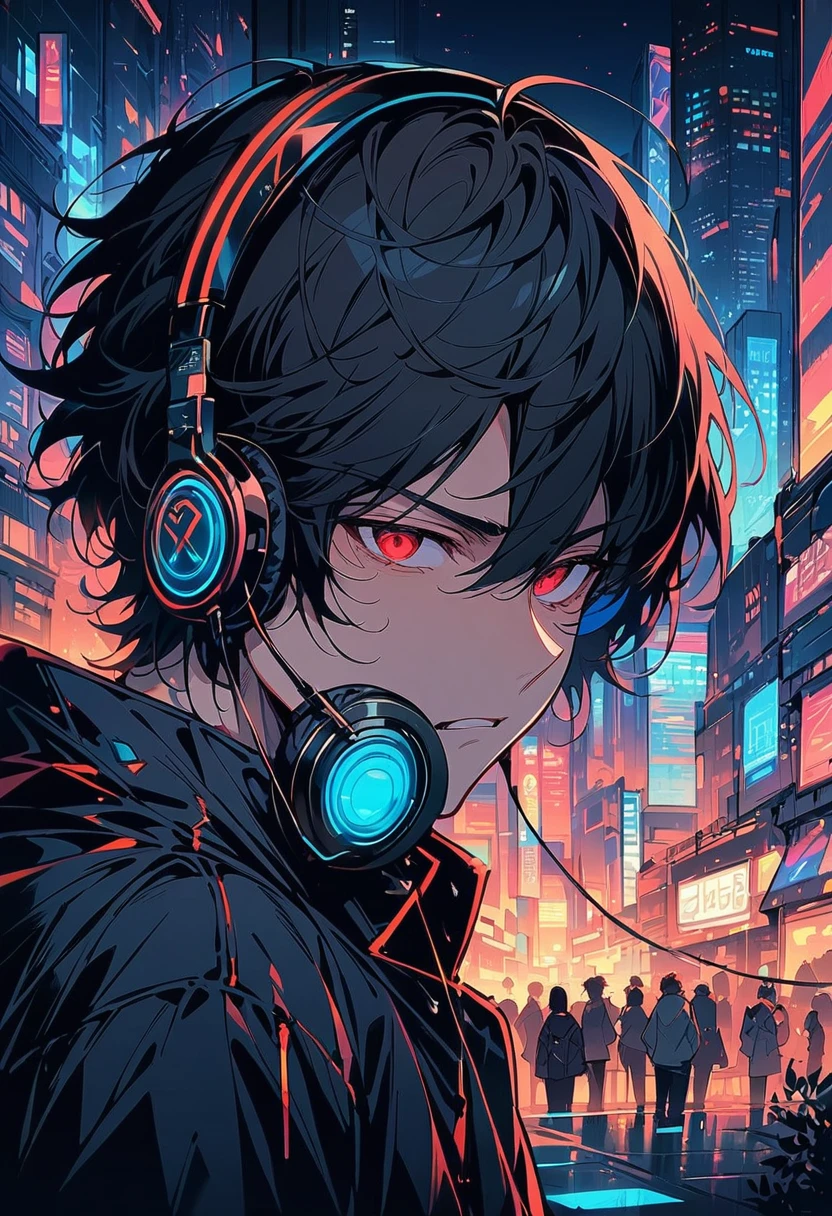 Adult, male, mature, shaggy black hair, short black hair, red eyes, hipster clothes, round blue-tinted sunglasses, headphones, apathetic indifference, Masterpiece, Accurate, Best Quality, Detail, High Details, Quality, Super Detailed, High Quality, Anatomically Correct, tilted head, city, night, cyber city at night