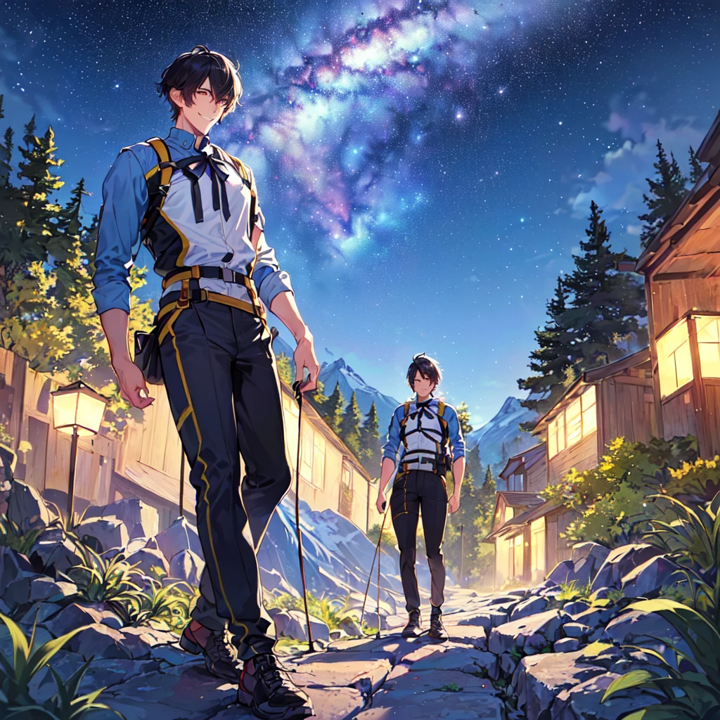 masterpiece,best quality,high quality,(1 male austere handsome solo adult age 30:1.5), purple eyes, cool with suspended eyes, V-shaped eyebrows, body strong and fearless 8.5 head tall, height 185cm,(well-groomed black short hair down to neck:1.4),(bangs in three (hair parted in three parts: 1.4), slender nose, facial muscles, throat, (summer mountaineering outfit and pants: 1.3), (walking), (stylish pose), (cool smile: 1.3), (background summer mountain forest: 1.3) , (Milky Way Night Sky: 1.3)