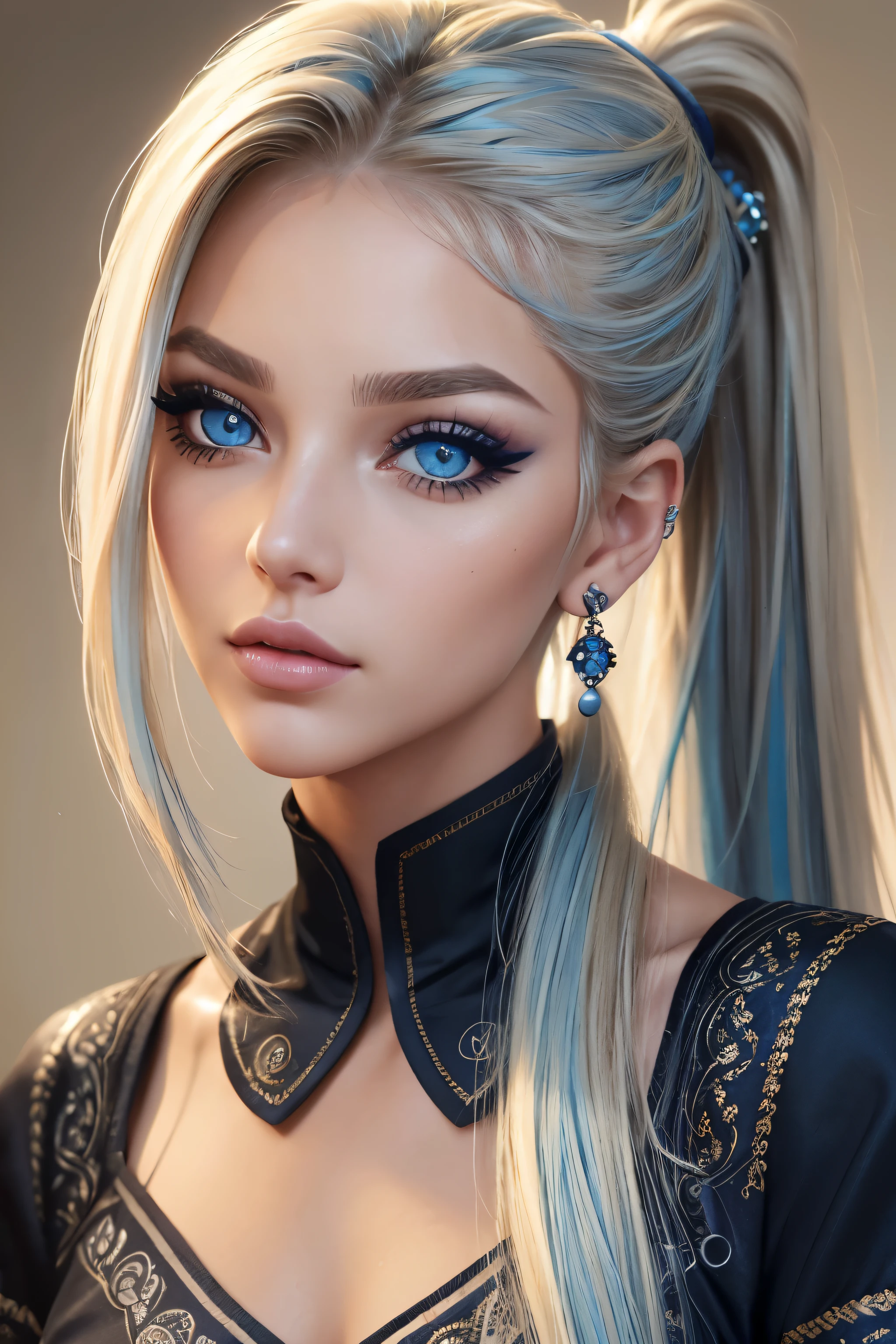 (best quality, masterpiece), 1girl, beautiful girl, Blue_eyes, ((hair color [blonde hair], [long Ponytail] hair)), earrings, lips, short sleeves,realistic, narrow waist, charming, colorful makeup, Smoky eye shadow, Dark Eyeliner. long eyelashes, tanned skin, (cute), (detailed face), detailed eyes, detailed iris, 