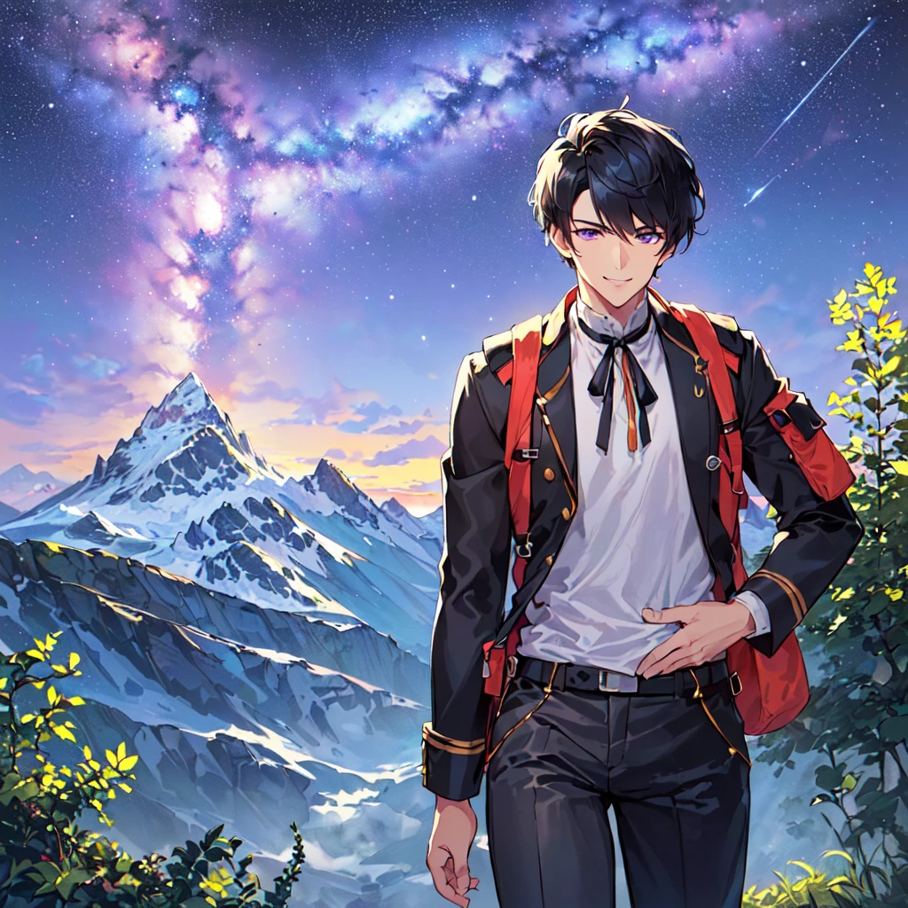 masterpiece,best quality,high quality,(1 male austere handsome solo adult age 30:1.5), purple eyes, cool with suspended eyes, V-shaped eyebrows, body strong and fearless 8.5 head tall, height 185cm,(well-groomed black short hair down to neck:1.4),(bangs in three (hair parted in three parts: 1.4), slender nose, facial muscles, throat, (summer mountaineering outfit and pants: 1.3), (walking), (stylish pose), (cool smile: 1.3), (background summer mountain forest: 1.3) , (Milky Way Night Sky: 1.3), (upper body:1.3)