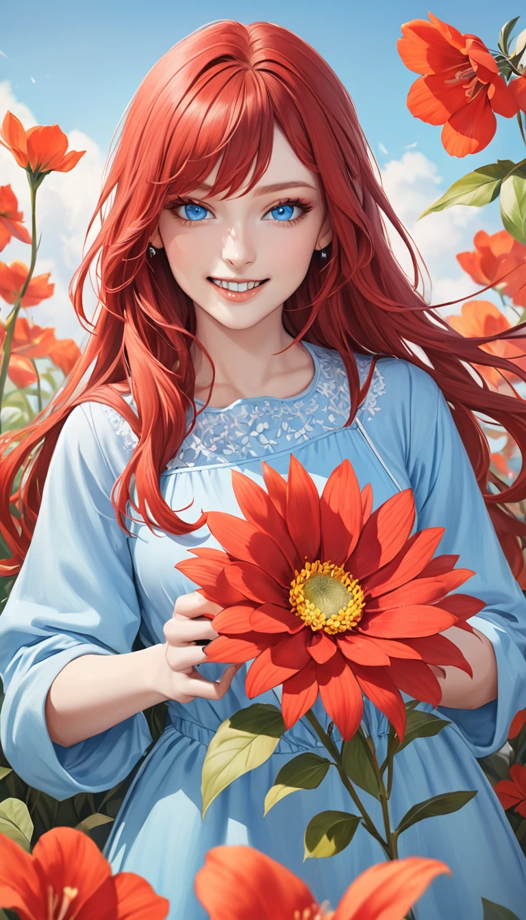 woman in a blue smock holding a flower in her teeth and to hold it, she's smiling, 1girl, solo, long hair, flower, realistic, red hair, looking at viewer, nail polish,blue eyes,