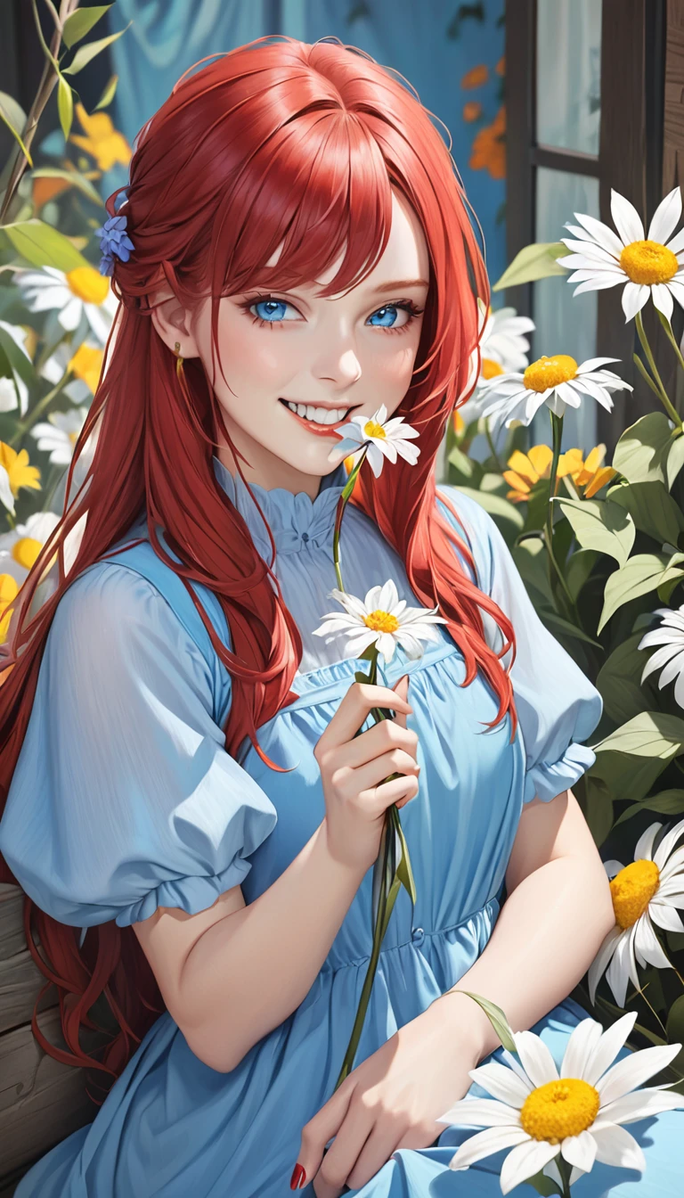 woman in a blue smock holding a flower in her teeth and to hold it, she's smiling, 1girl, solo, long hair, flower, realistic, red hair, looking at viewer, nail polish,blue eyes,