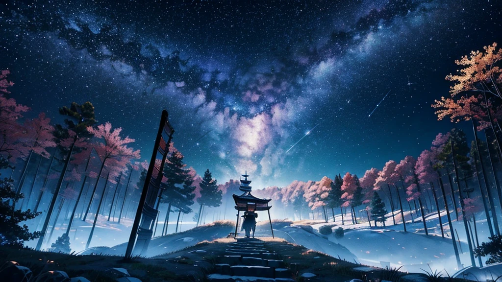 Create a scene with a starry night background in the center of the Samurai fighting with swords from medieval times Ancient Japan, the two samurai will wear white kimonos and next to the landscape there will be trees