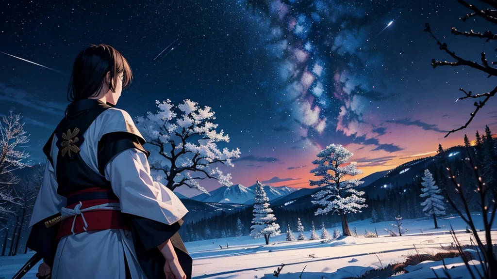 Create a scene with a starry night background in the center of the Samurai fighting with swords from medieval times Ancient Japan, the two samurai will wear white kimonos and next to the landscape there will be trees