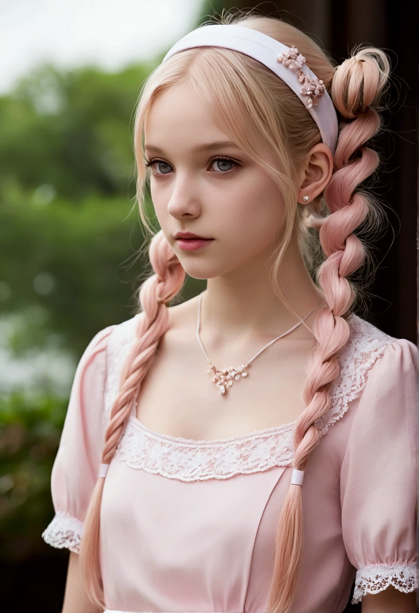 Looking forward, a girl has long pale pink almost pale blonde hair, that falls gently on her shoulders tied in two pigtails. Her delicate face , with pinkish eyes. She wears a pink dress with white details, that highlights her slim figure. From the profile, His posture is elegant. His skin is clear, and her outfit includes accessories such as a headband and a white belt, completing a sweet and feminine look.