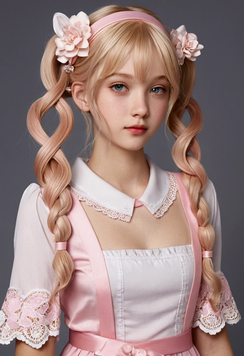 Looking forward, a girl has long pale pink almost pale blonde hair, that falls gently on her shoulders tied in two pigtails. Her delicate face , with pinkish eyes. She wears a pink dress with white details, that highlights her slim figure. From the profile, His posture is elegant. His skin is clear, and her outfit includes accessories such as a headband and a white belt, completing a sweet and feminine look.