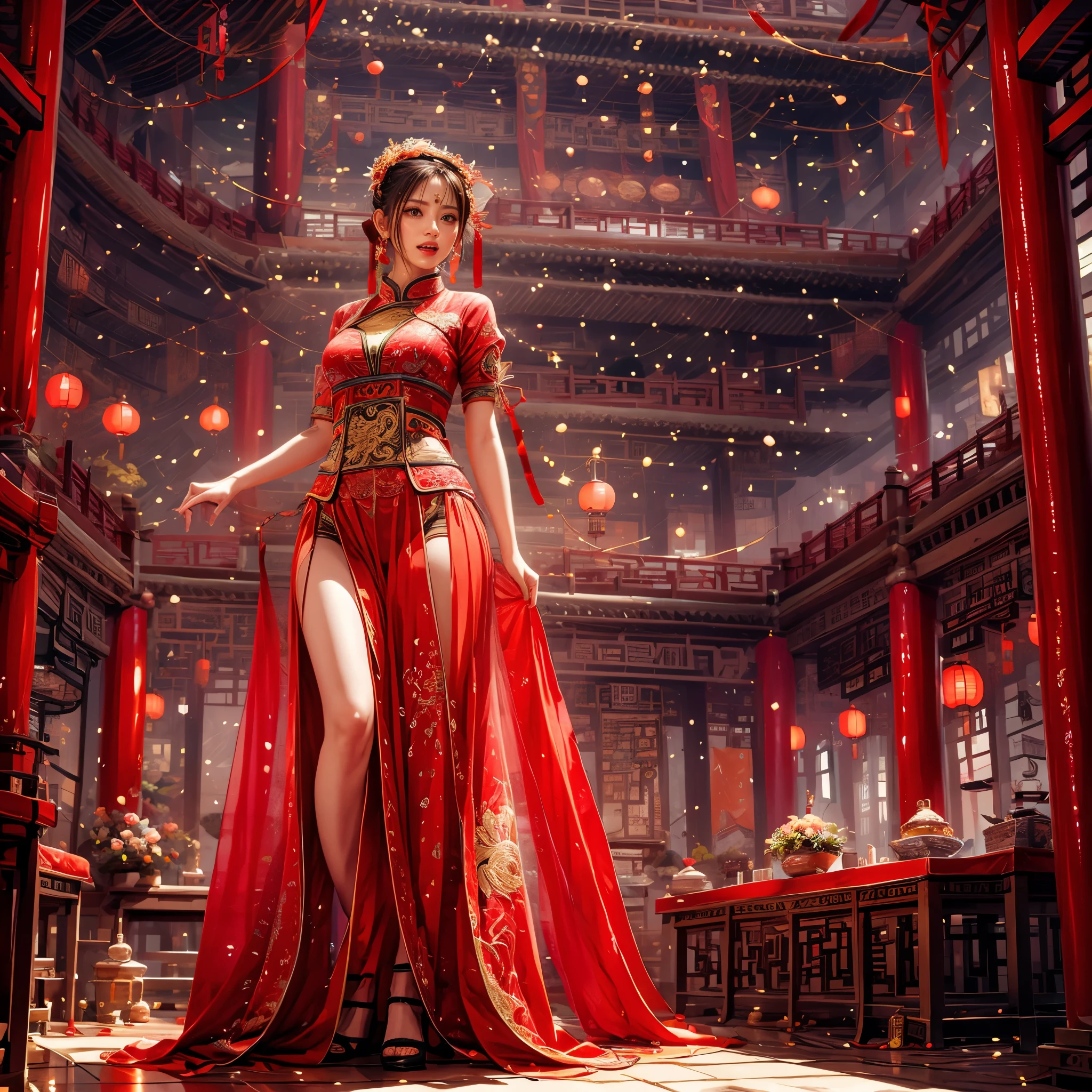 (High-level (UltraDetailed ProfessionalPhoto)), 8K Masterpiece TopQuality, Absurd Detailed Lighting, PerfectLighting, Extremely detailed (BeautyGoddess Standing in a Vertical Dropping Ray), aesthetic LifeLike Rendering, BokeH (oodles Firecrackers Spark and Haze), Unreal flamboyance, see-through upskirt Assfocus RoundlyButts, (Tindall Effect Scattering), { fujian tulou | Traditional Hakka Clothes | perfect ratio | hime cut | luxury | jewelry | ornate | hairpin | Menstruation | (Exposed SFW) },(Elaborate embroidery with Transparency) BREAK (FullBody:1.28). (((Extremely detailed Beautiful Face and Eyes))) Radiant PearlSkin with Transparency, (Dynamic LifeLike expressions:1.4)