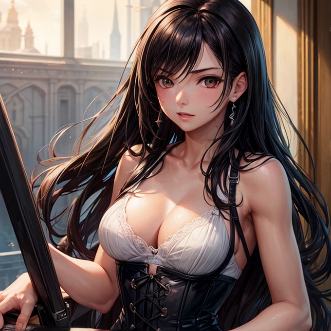 (Highest quality, masterpiece: 1.1), (Faithfulness: 1.4), 1 girl, Upper Body, Long Hair, 5 star hotels, Black corset, Dirty clothes, panties Tifa Lockhart