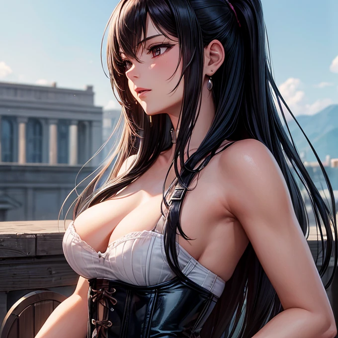 (Highest quality, masterpiece: 1.1), (Faithfulness: 1.4), 1 girl, Upper Body, Long Hair, 5 star hotels, Black corset, Dirty clothes, panties Tifa Lockhart