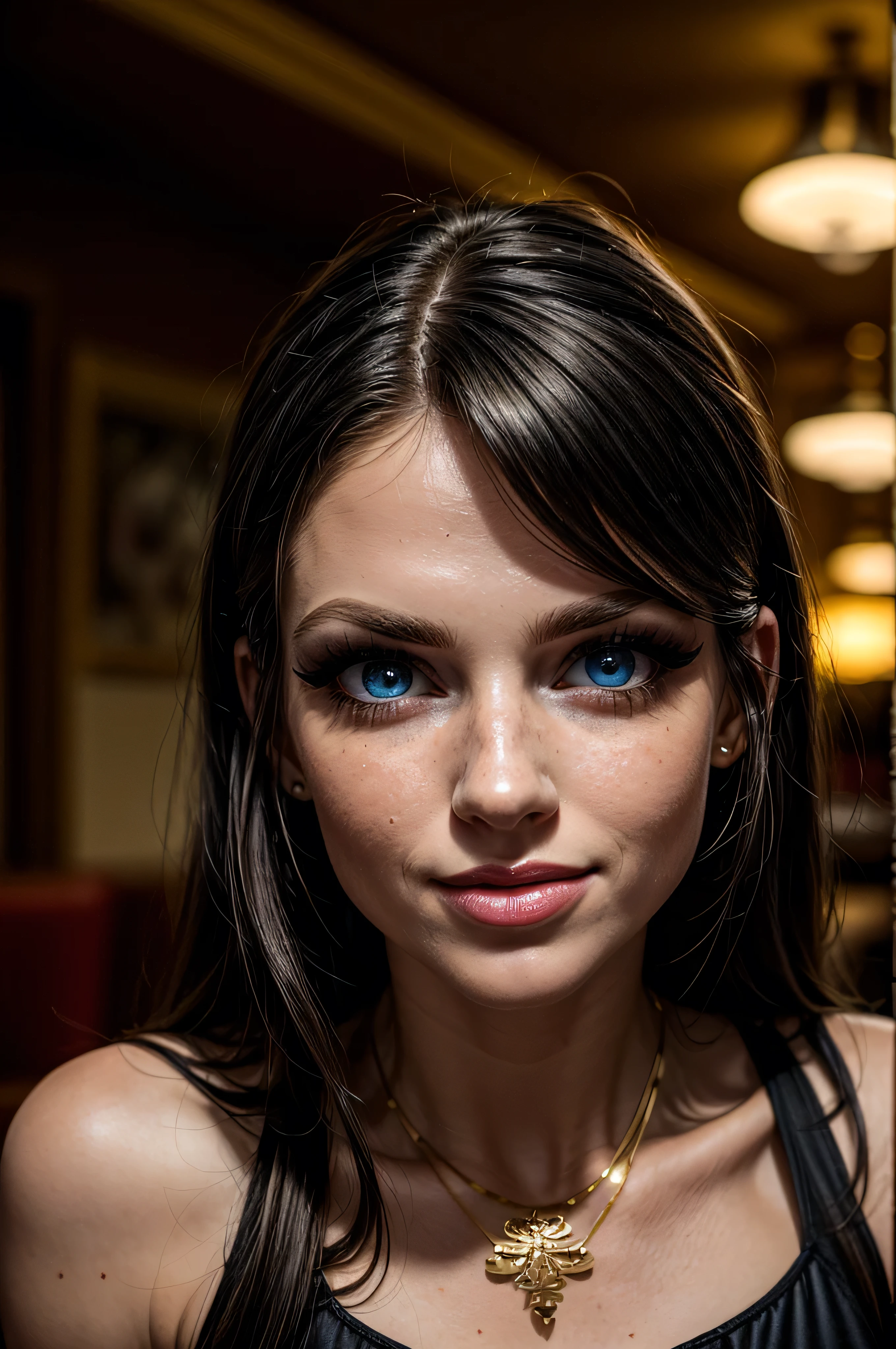 (masterpiece, photorealistic:1.4, extremely intricate:1.3), (photon mapping, radiosity, physically based rendering, ultra resolution, hyper-realistic, photorealistic:1.4, hyper-realistic, 8K), ((((closeup portrait, [supermodel:athlete:0.2], (wide eyes, long lashes)), long straight ([glossblack hair:blonde hair:0.7], [makeup:freckles:0.8])), necklace), blue eyes), smile. laugh, BREAK, (((indoor, restaurant, party, night, dark, shadows, (black gold chinoiserie elegant:1.3 dress))))
