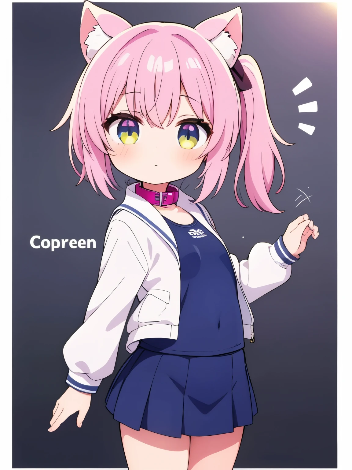 1GIRL chibi Cat ear. Increase collar size.hair color is gold.short hair Side Ponytail.school swimsuit.mini skirt.eye color pink