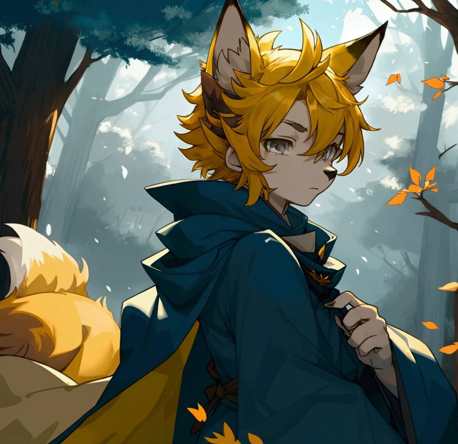 1 person, boy, fox cape, 20 years old, forest beast, humanoid, 1 head, short hair, yellow hair, gray eyes, blue cloak