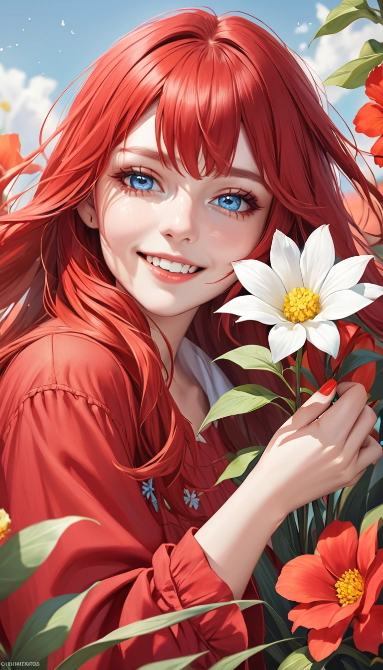 woman in a red smock holding a flower in her teeth and to hold it, she's smiling, 1girl, solo, long hair, flower, realistic, red hair, looking at viewer, nail polish, blue eyes,