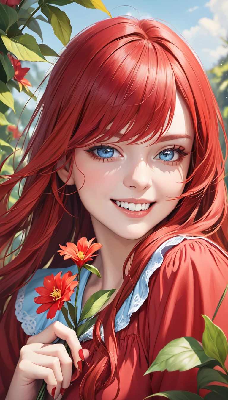 woman in a red smock holding a flower in her teeth and to hold it, she's smiling, 1girl, solo, long hair, flower, realistic, red hair, looking at viewer, nail polish, blue eyes,