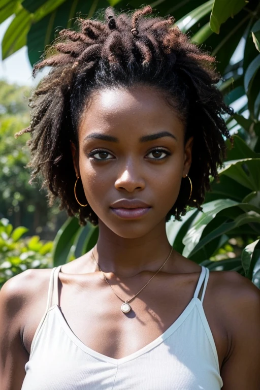 femme africaine, visage portrait, t-shirt sexy, parc naturel, cheveux ondulés rouge, peau détaillée, peau sombre, ébène , Spectateur face , Éclairage cinématographique , Contexte détaillé , Vue portrait du visage , vue portrait, rétroéclairage, Rayon crépusculaire, lumière ambiante détaillé, éclairage naturel, lumière ambiante, netteté, seins petits ferme, commission pour la haute résolution, Meilleure qualité, image détaillée, couleurs vives, visage détaillé, éclairage parfait, ombres parfaites, Fille de concentration, Œil, visage impeccable, mise au point du visage, cheveux ondulés africain, africaine, peau sombre, ébène profond, nez et bouche sexy, regarde le spectateur, Œil, 1fille, seul, Coloration équilibrée, illumination globale, Tracé laser, bon éclairage, En regardant le spectateur, Regard séduisant, collier