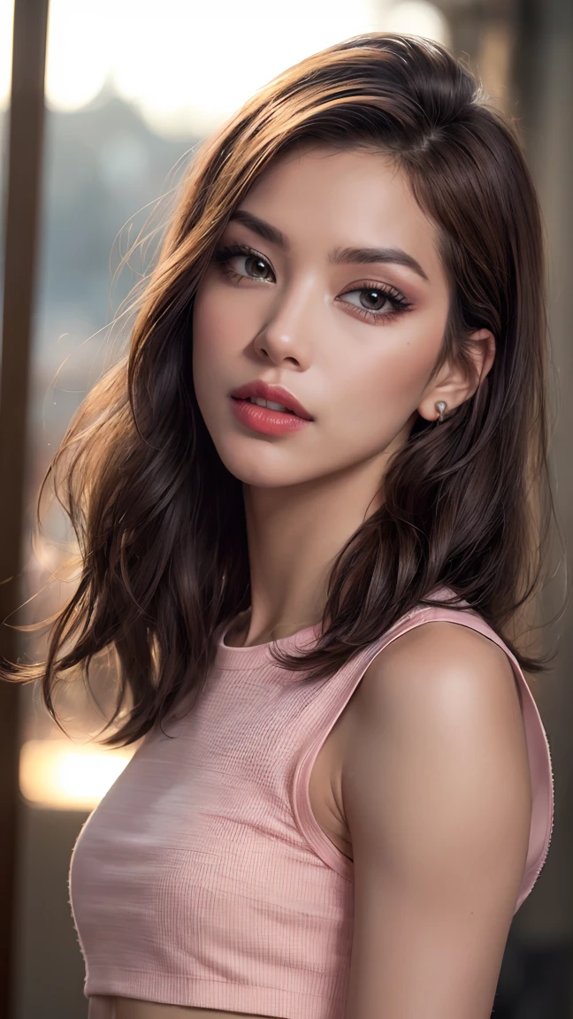 Draw a picture, (photorealistic:1.4), (hyperrealistic:1.4), (realistic:1.3), (smoother tropical sunset lighting:1.05), (increase Fujicolor quality:0.9), (absurd: 1.3), (best quality), (ultra sharp), RAW photo of (phenomenal model, 24 years old), (ultra detailed, ultra realistic, hyper realistic, 8K, ultra highres:1.2), realistic lighting, backlighting, light on face, ray trace, (brightening light:1.2), (Increase quality:1.4), (best quality real texture skin:1.4), finely detailed eyes, finely detailed face, finely quality eyes, (Brown) [sparkling eyes], [long eyelashes], Double eyelids, (looking at viewer), slim, well-muscled body, medium ass, very detailed hair, (( (light) brown short , extremely detailed)), (Increase skin texture beauty:1.1), (light makeup, [pink lipstick], eyeliner:1.2), ((crop top, short shorts))