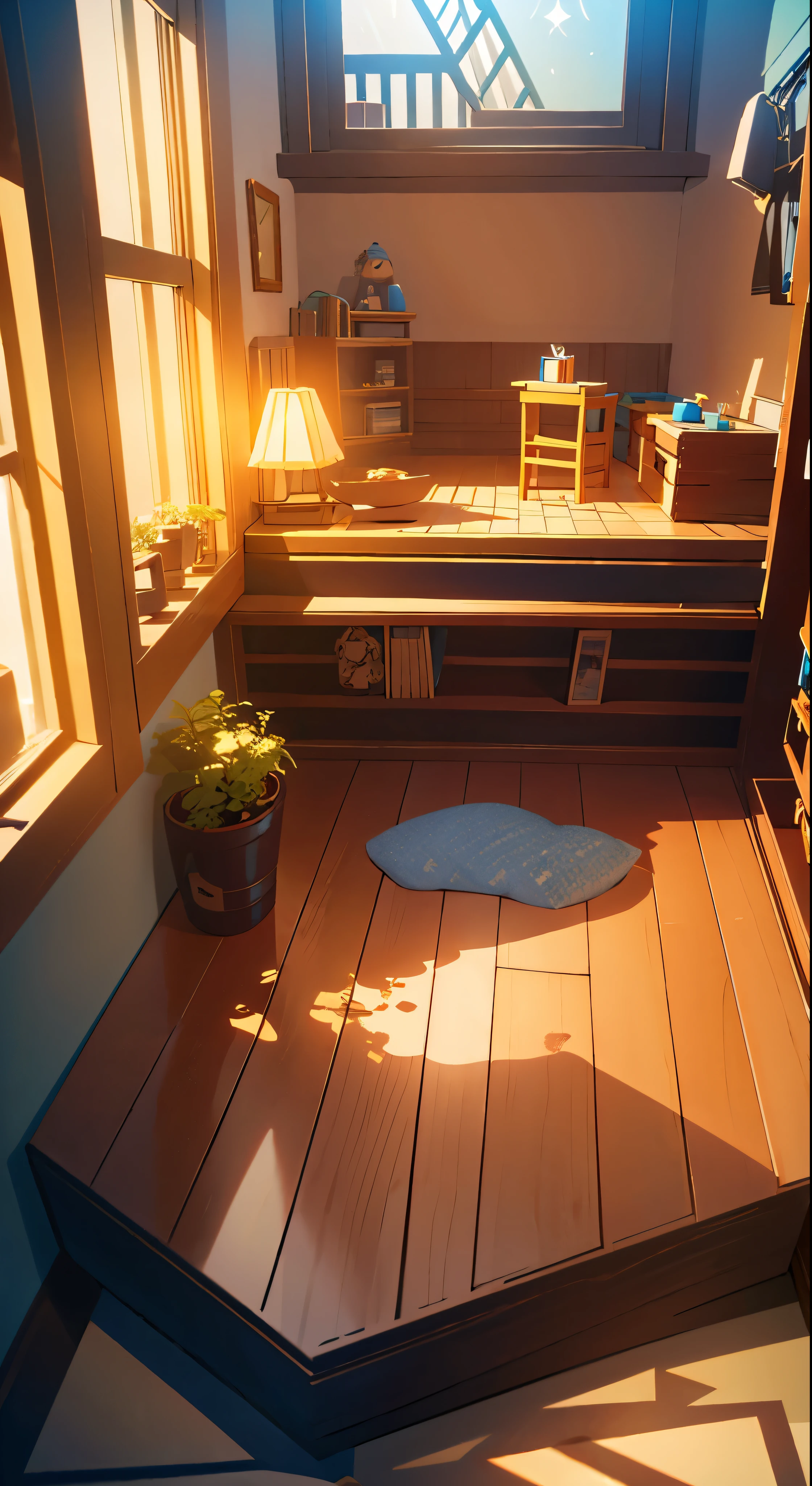 （Pixar style),A model of a cozy small room, miniature figure model, light source from right to left, Rumbrandt lighting, light source from right to left, (isometric view), (top-down), realistic scale, post-processing, ((orthogonal perspective)), super detail, realistic, super realistic, realistic render, rainbow color, glitter