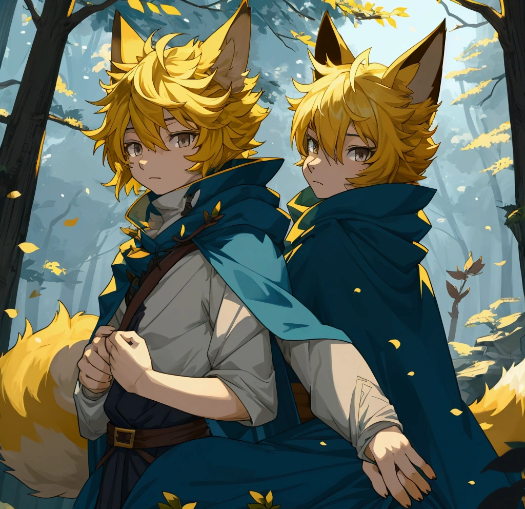 1 person, boy, fox cape, 20 years old, forest beast, humanoid, 1 tail, short hair, yellow hair, gray eyes, blue cloak