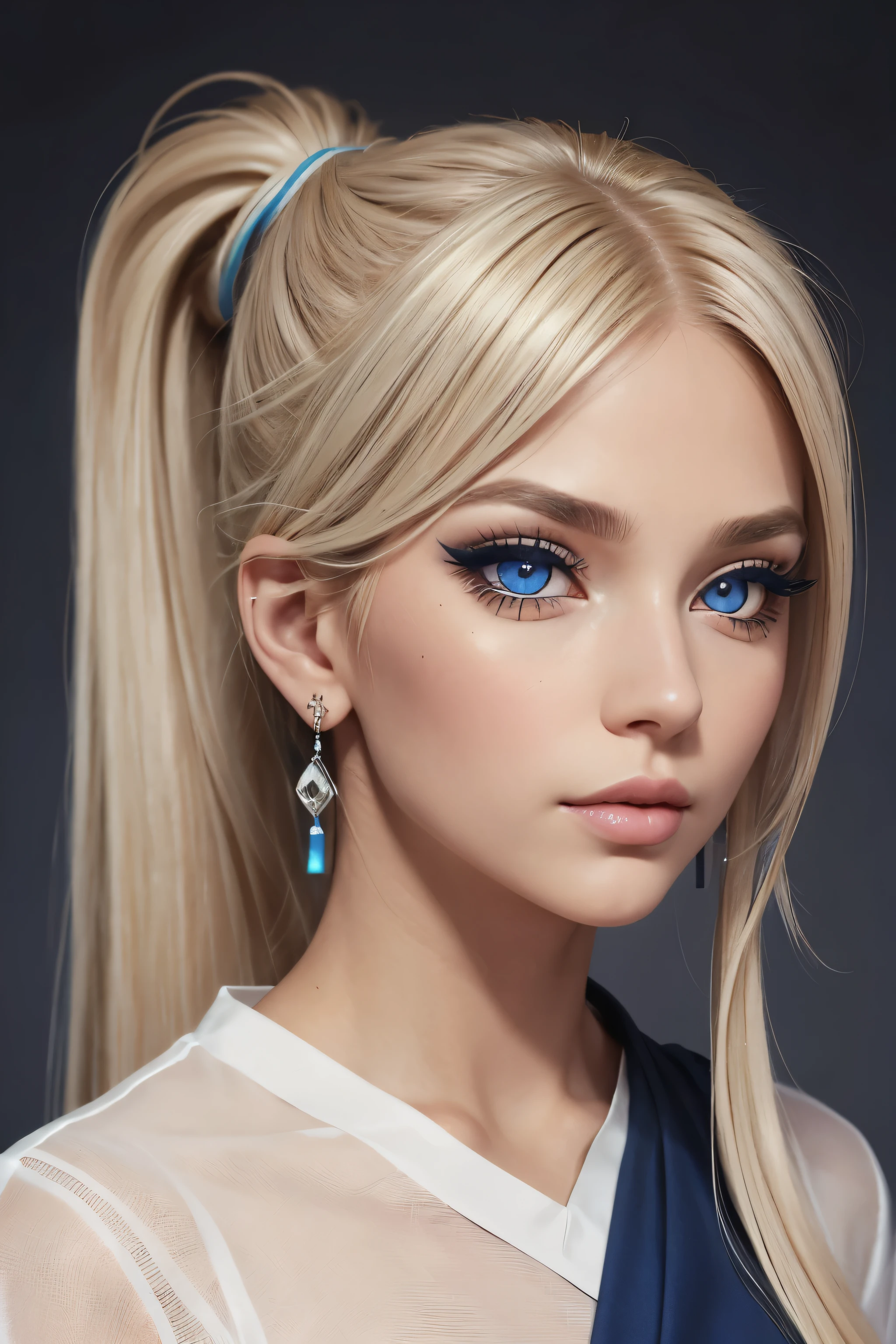 (best quality, masterpiece), 1girl, beautiful girl, Blue_eyes, ((hair color [blonde hair], [long Ponytail] hair)), earrings, lips, short sleeves,realistic, narrow waist, charming, colorful makeup, Smoky eye shadow, Dark Eyeliner. long eyelashes, tanned skin, (cute), (detailed face), detailed eyes, detailed iris, 