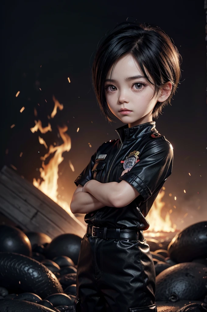 chibi style, 3D animation, a beautiful dark-haired boy, short black hair, firefighter dress. eyes black. In a landscape where there is only fire