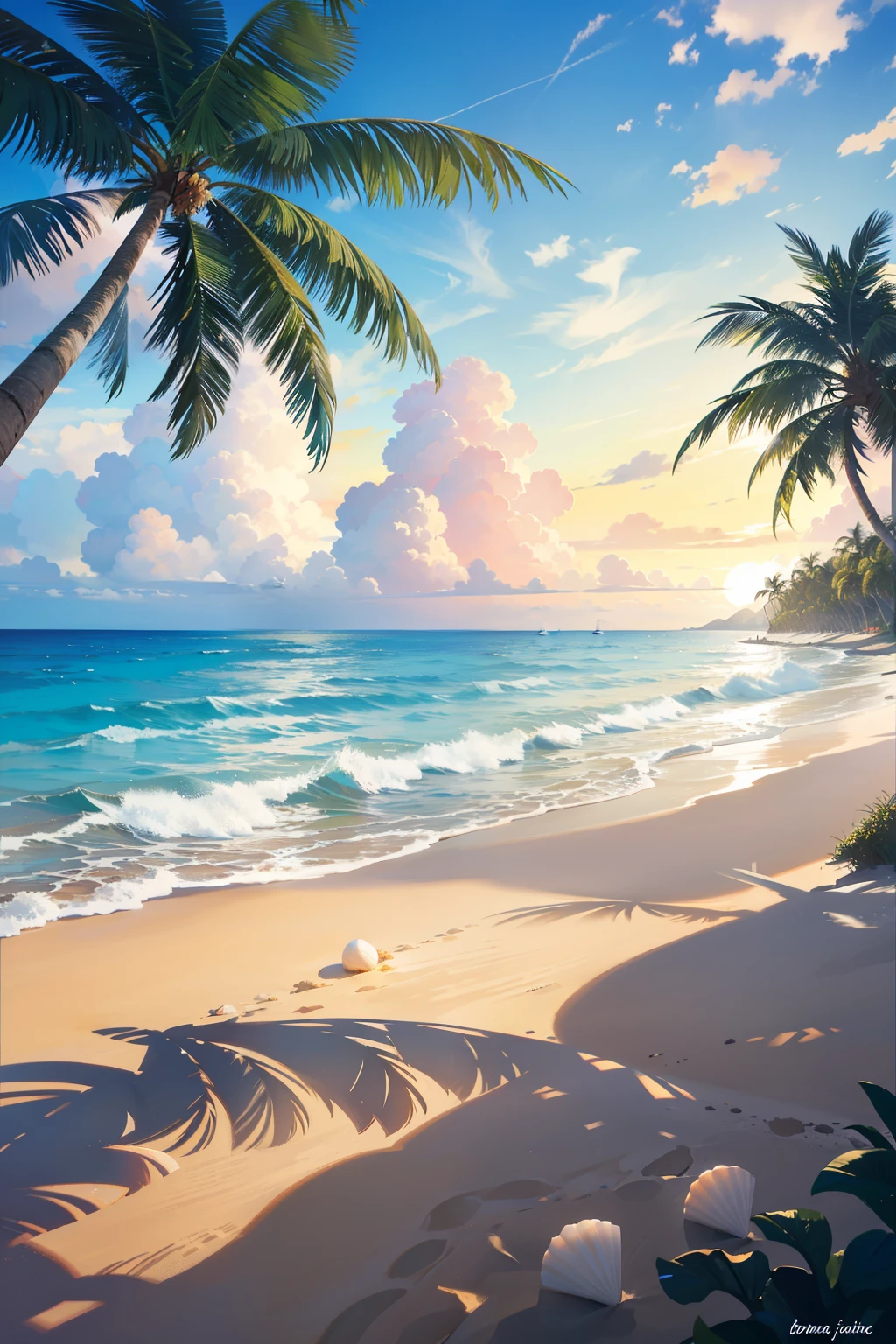 Beautiful sandy beach,There are coconut trees on the beach,The sea water is crystal clear,There are many beautiful shells on the beach,The sun rises over the sea