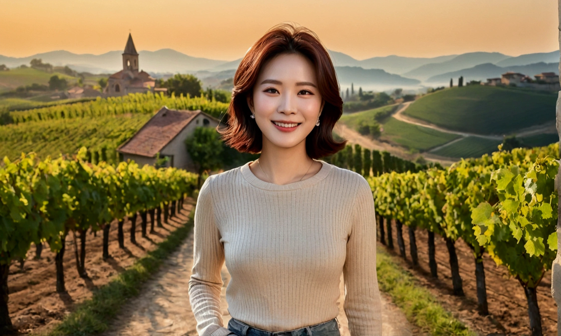 Wearing a luxury brand long-sleeved knit, 40 year old Korean woman with short medium hair, smiling face, short and petite, very beautiful.!, Get inspired by Son Ye-jin, 8K vertical rendering, photo realistic beautiful face, big eyes,double eyelid, black eye, Wear a dark round neck t-shirt. beige jean pants. Warm light in vineyards at dawn in rural Italy, The morning sun shines beautifully. Standing on a curved path. (digital painting, HDR, high contrast),, (best quality:1.4, 8k 3D, 45,000,000,000,pixel,),(masterpiece:1.3),(sharp focus:1.2),(Full body shot with Canon camera 16-35 wide angle lens, 포도 밭이 내려다 보이는 언덕 위 Standing on a curved path, 32 inches, A woman of and short stature, A cathedral can be seen in the distance through thick fog., Vineyards with vivid image quality, three dimensional grape leaves, Grape leaves look vivid and clear., Smiley